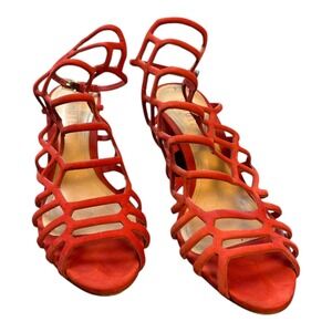 Schutz Womens Juliana Caged Block Heel Sandal Orange /Red Size 7.5B Leather Sole